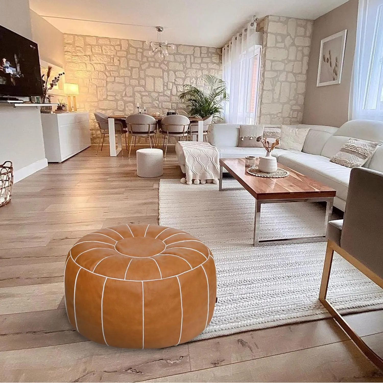 Thgonwid Unstuffed Moroccan Storage Pouf Foot Stool Ottoman Seat Handmade Faux Leather Bean Bag Floor Chair Foot Rest for Living Room, Bedroom or Balcony (Brown)