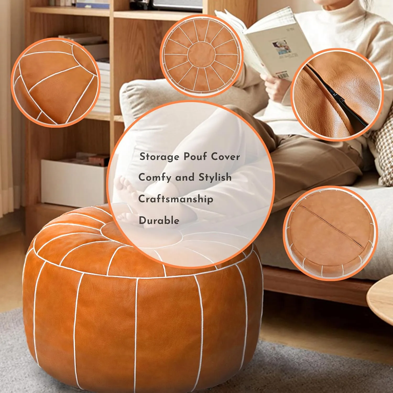 Thgonwid Unstuffed Moroccan Storage Pouf Foot Stool Ottoman Seat Handmade Faux Leather Bean Bag Floor Chair Foot Rest for Living Room, Bedroom or Balcony (Brown)