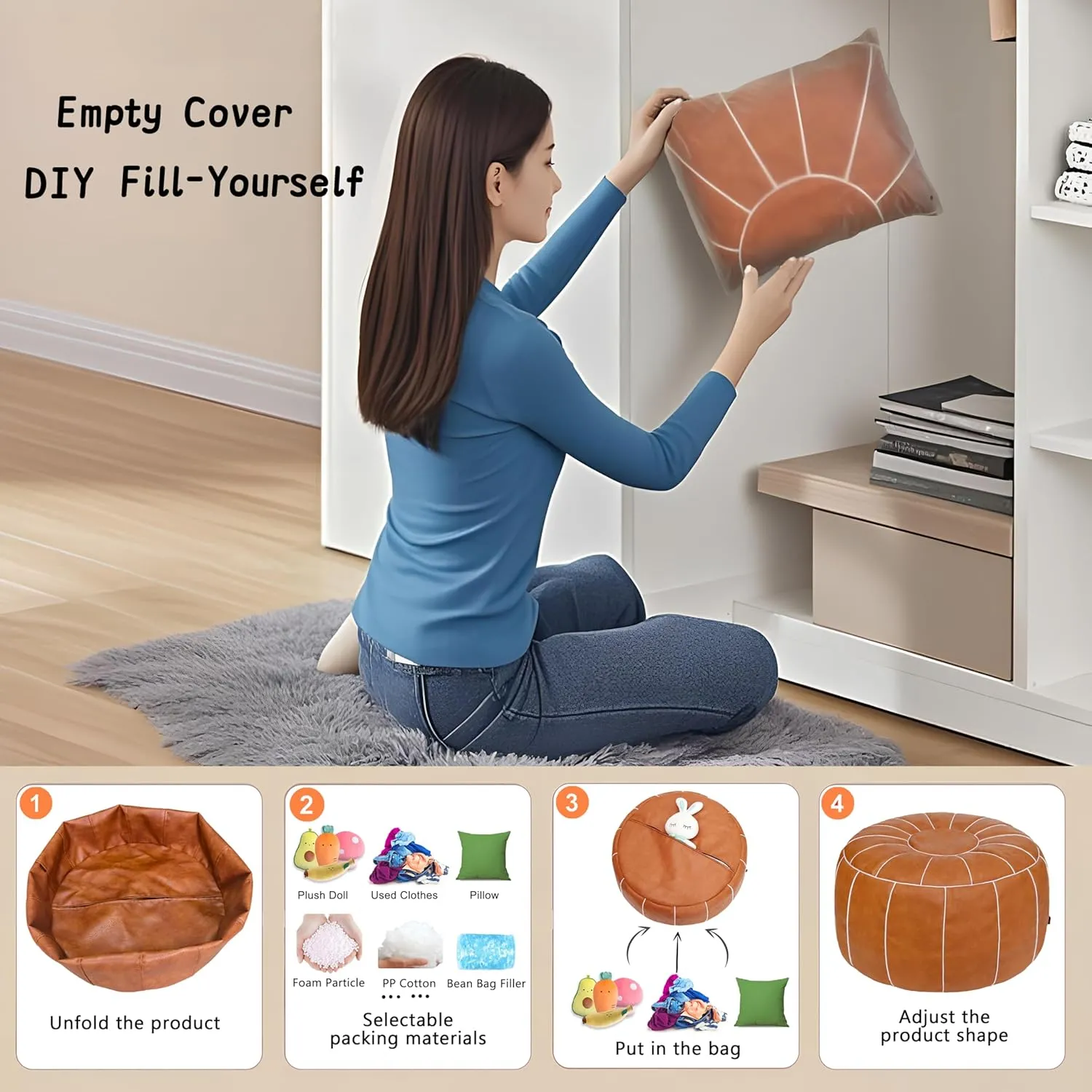 Thgonwid Unstuffed Moroccan Storage Pouf Foot Stool Ottoman Seat Handmade Faux Leather Bean Bag Floor Chair Foot Rest for Living Room, Bedroom or Balcony (Brown)