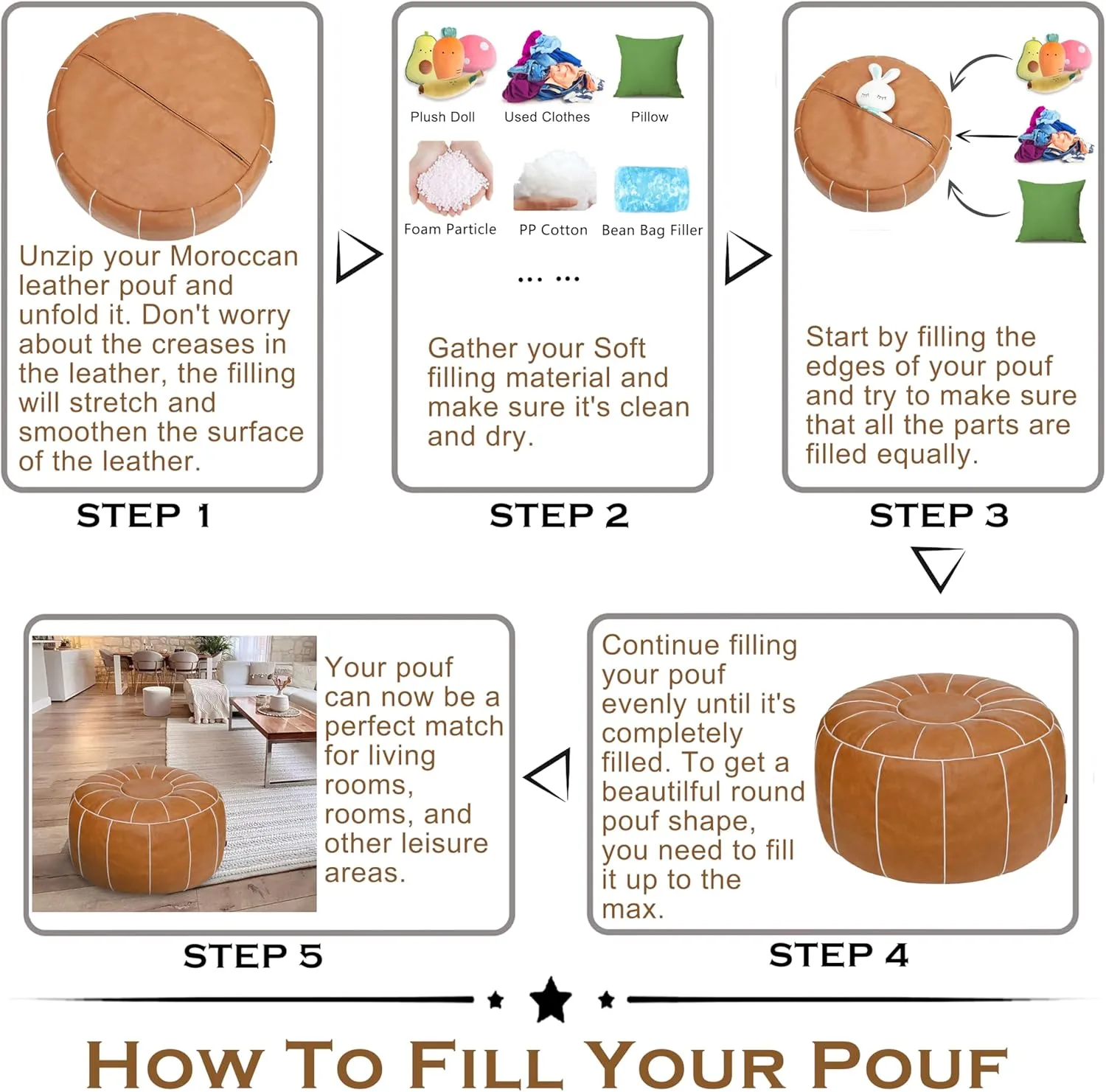 Thgonwid Unstuffed Moroccan Storage Pouf Foot Stool Ottoman Seat Handmade Faux Leather Bean Bag Floor Chair Foot Rest for Living Room, Bedroom or Balcony (Brown)