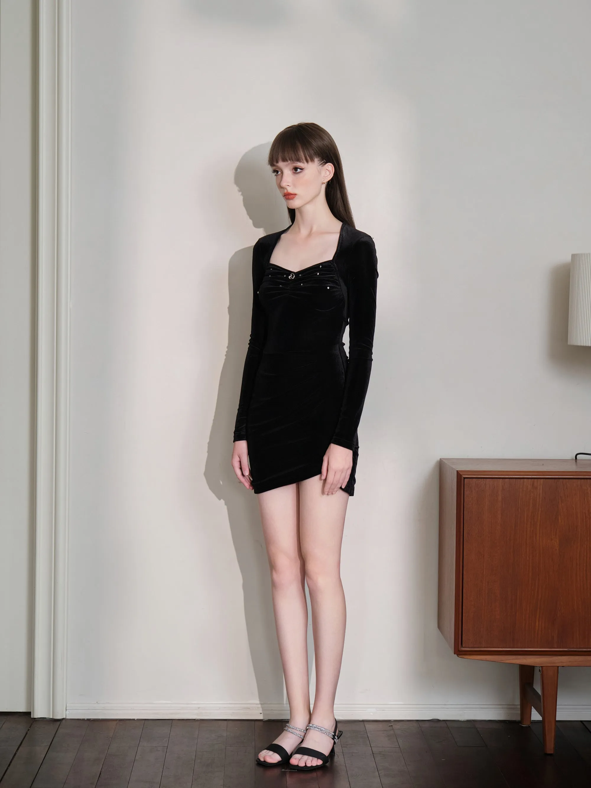 THREE QUARTERS Velvet Diamond-embellished Dress