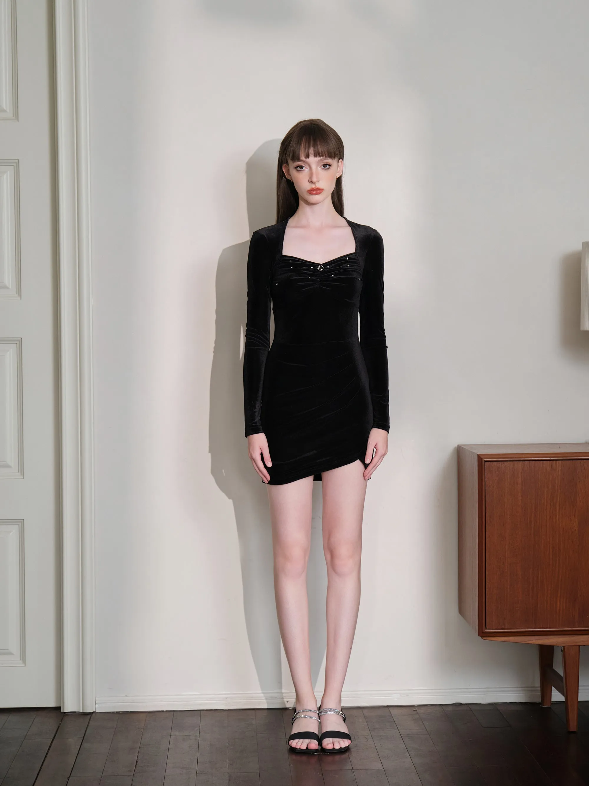 THREE QUARTERS Velvet Diamond-embellished Dress