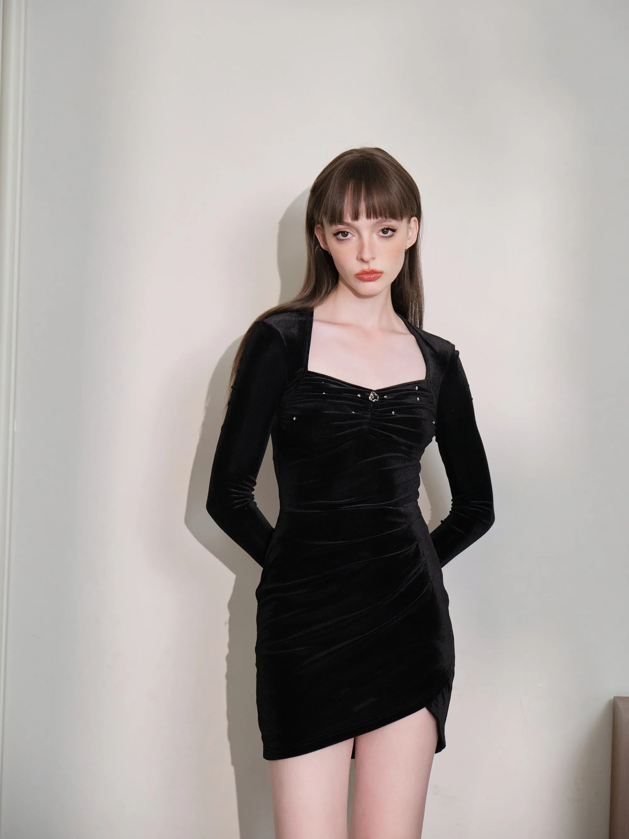THREE QUARTERS Velvet Diamond-embellished Dress