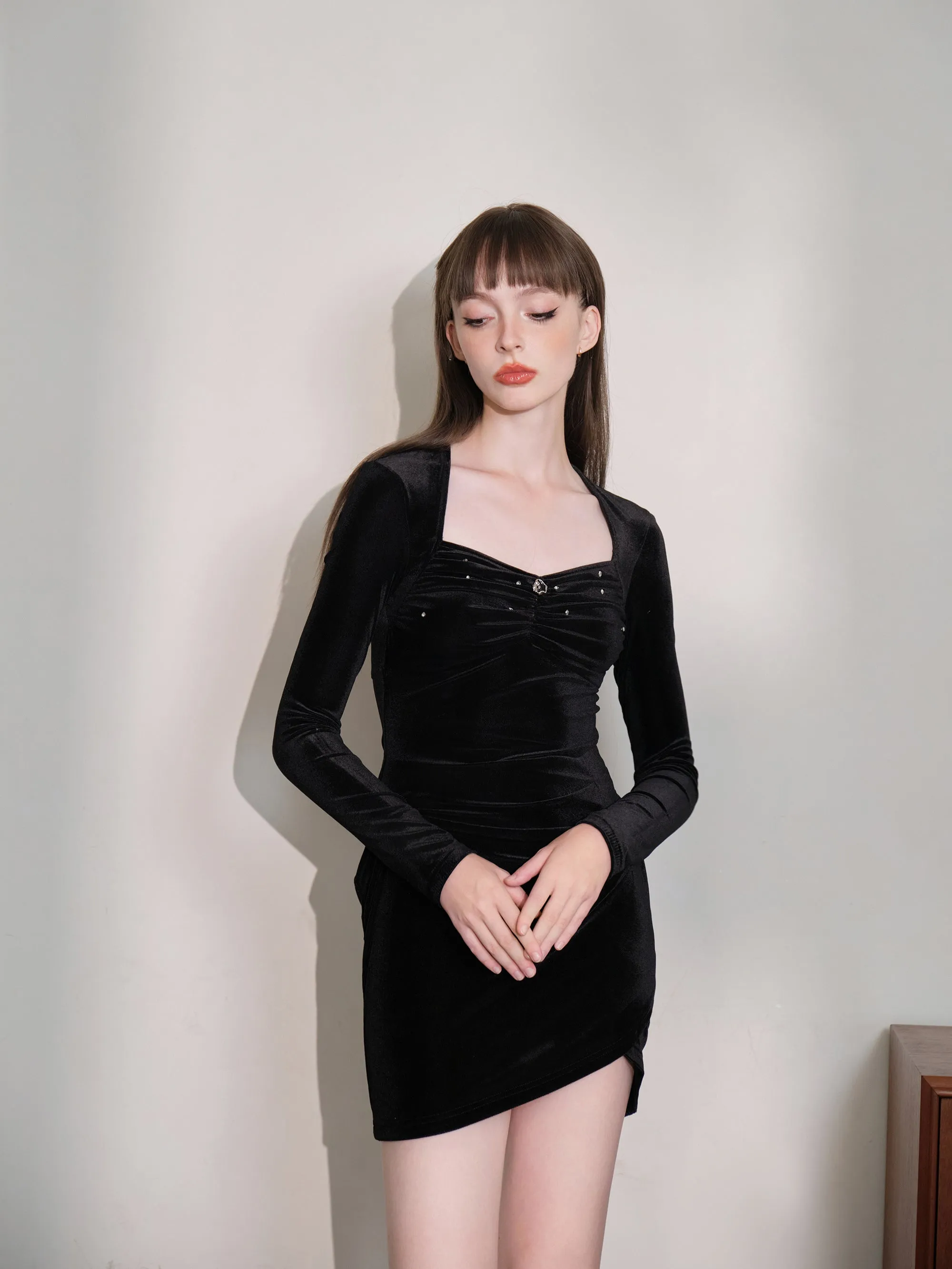 THREE QUARTERS Velvet Diamond-embellished Dress