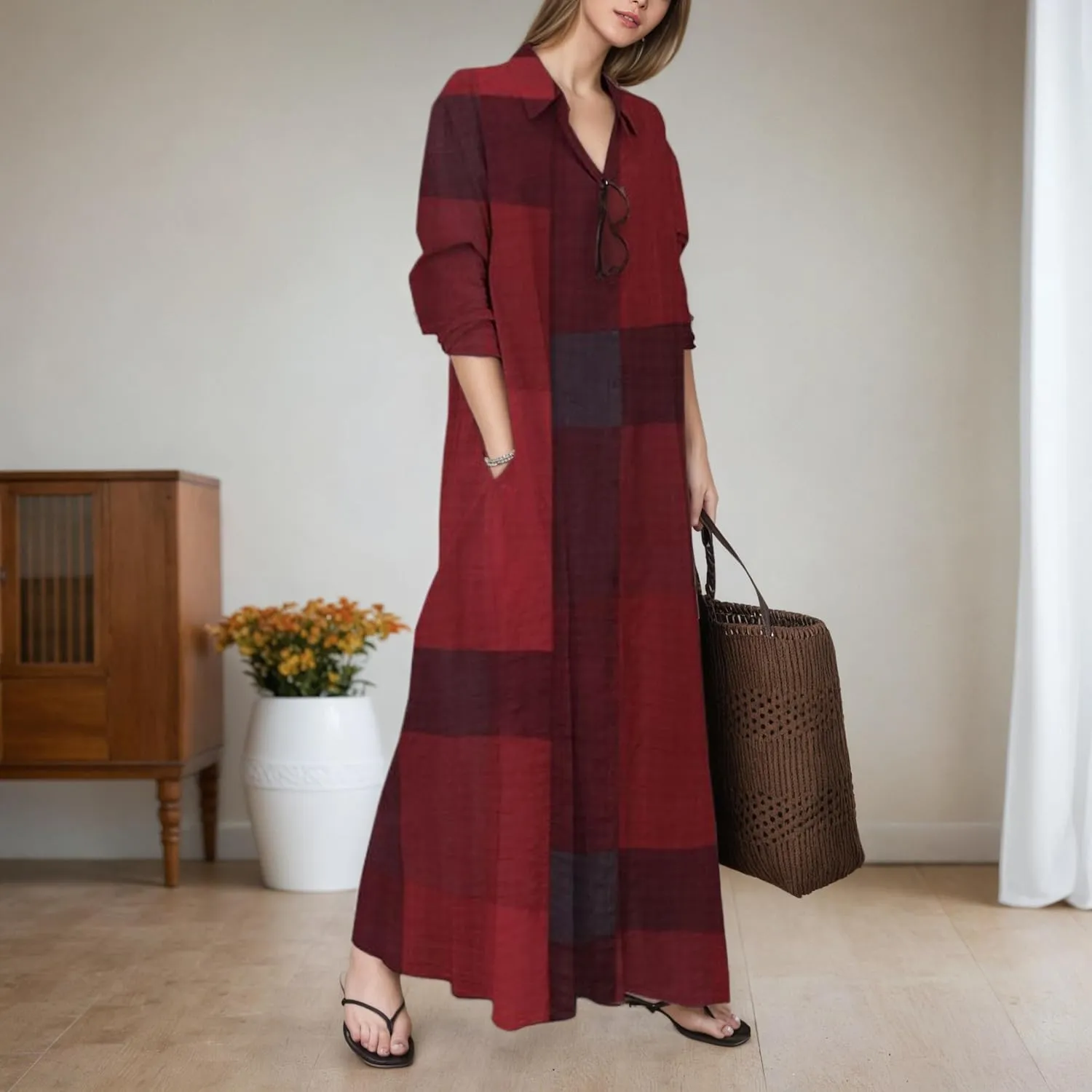 TIAFORD Women's Casual Button Down Cotton Linen Maxi Dress Long Sleeve Lapel Loose Plus Size Shirt Dresses with 2 Pockets