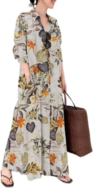 TIAFORD Women's Casual Button Down Cotton Linen Maxi Dress Long Sleeve Lapel Loose Plus Size Shirt Dresses with 2 Pockets