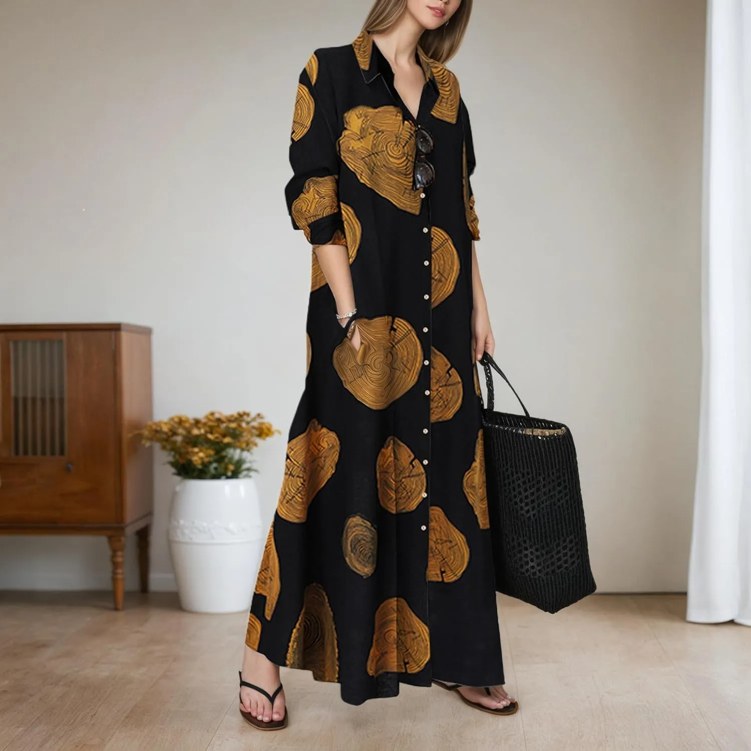 TIAFORD Women's Casual Button Down Cotton Linen Maxi Dress Long Sleeve Lapel Loose Plus Size Shirt Dresses with 2 Pockets
