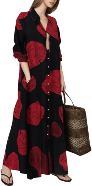 TIAFORD Women's Casual Button Down Cotton Linen Maxi Dress Long Sleeve Lapel Loose Plus Size Shirt Dresses with 2 Pockets