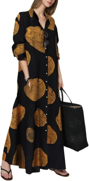 TIAFORD Women's Casual Button Down Cotton Linen Maxi Dress Long Sleeve Lapel Loose Plus Size Shirt Dresses with 2 Pockets