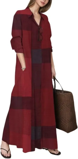 TIAFORD Women's Casual Button Down Cotton Linen Maxi Dress Long Sleeve Lapel Loose Plus Size Shirt Dresses with 2 Pockets