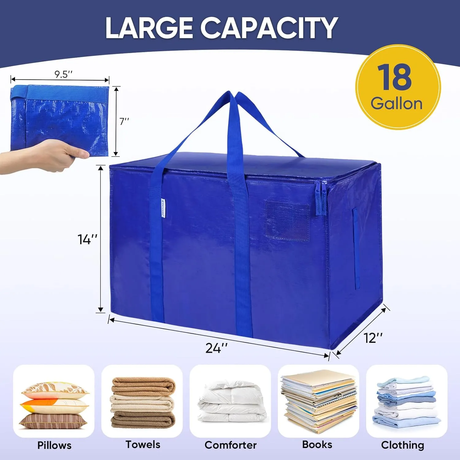 TICONN 6 Pack Extra Large Moving Bags with Zippers & Carrying Handles, Heavy-Duty Storage Tote Moving Boxes for Space Saving (6 PK, 18 Gallon)