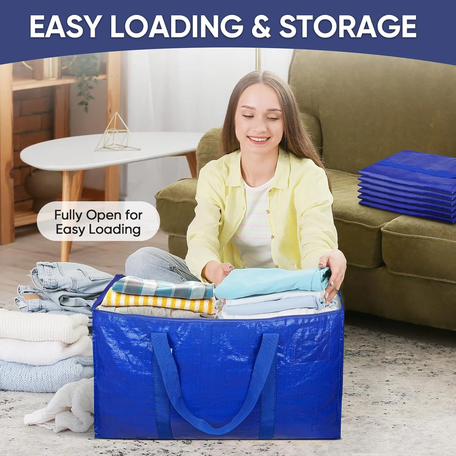TICONN 6 Pack Extra Large Moving Bags with Zippers & Carrying Handles, Heavy-Duty Storage Tote Moving Boxes for Space Saving (6 PK, 18 Gallon)