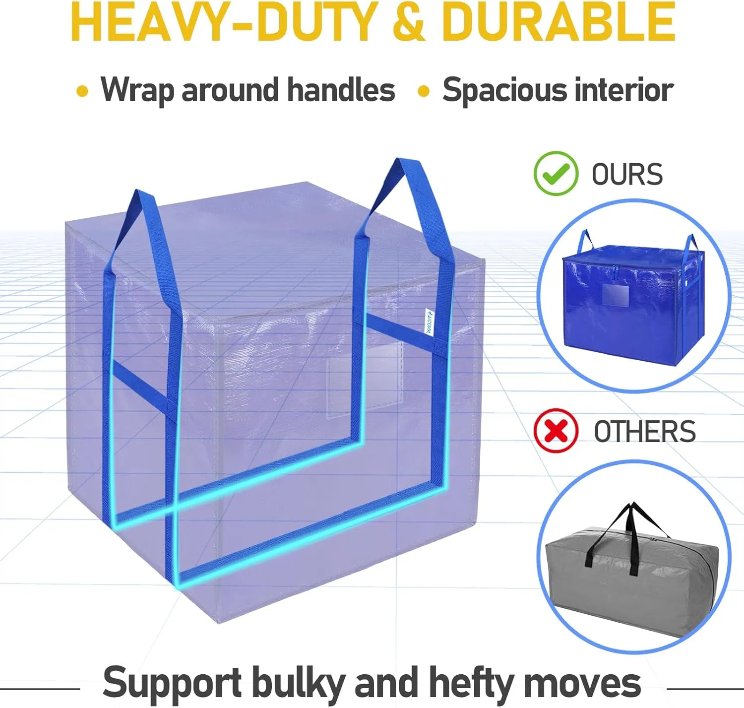 TICONN 6 Pack Extra Large Moving Bags with Zippers & Carrying Handles, Heavy-Duty Storage Tote Moving Boxes for Space Saving (6 PK, 75 Gallon)