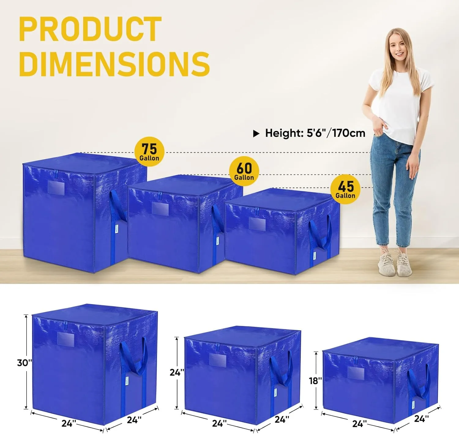 TICONN 6 Pack Extra Large Moving Bags with Zippers & Carrying Handles, Heavy-Duty Storage Tote Moving Boxes for Space Saving (6 PK, 75 Gallon)