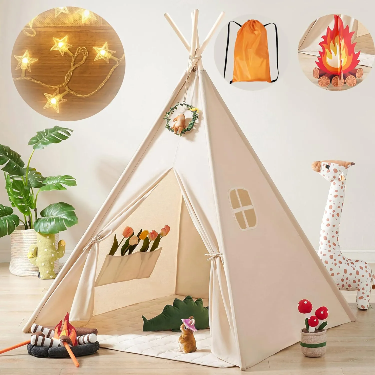 Tiny Land Kids-Teepee-Tent with Lights & Campfire Toy & Carry Bag, Foldable Toddler Tent for Kids - Washable Teepee Tent for Kids Indoor Tent, Outdoor Play Tent for Boys & Girls
