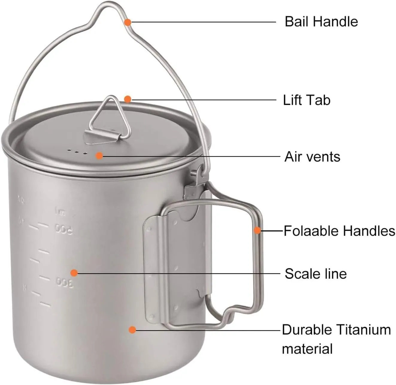 Titanium Pot 750ml Backpacking Pot Camping Coffee Pot Camp Mug Camping Pot with Lid Foldable Handle Portable Lightweight