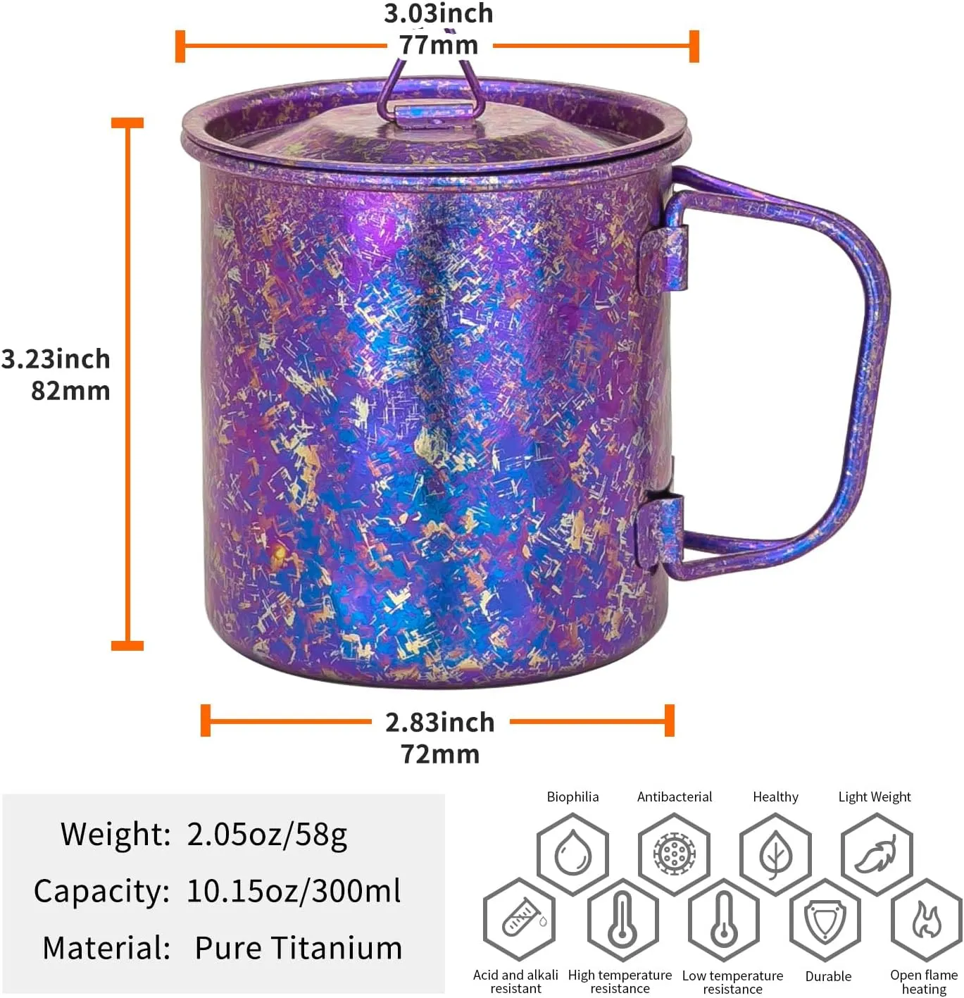 TiTo Titanium Cup Titanium Pot with Lid Ultralight Portable 300ml Foldable Handle Camping Tea Coffee Water Mug for Outdoor Backpacking Hiking Picnic Drinkware with Mesh Sack (Purple)