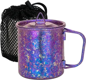TiTo Titanium Cup Titanium Pot with Lid Ultralight Portable 300ml Foldable Handle Camping Tea Coffee Water Mug for Outdoor Backpacking Hiking Picnic Drinkware with Mesh Sack (Purple)