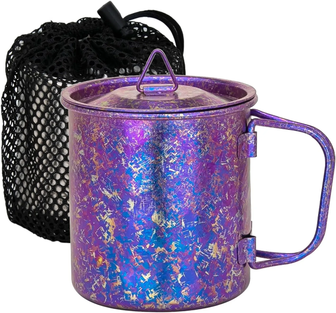 TiTo Titanium Cup Titanium Pot with Lid Ultralight Portable 300ml Foldable Handle Camping Tea Coffee Water Mug for Outdoor Backpacking Hiking Picnic Drinkware with Mesh Sack (Purple)