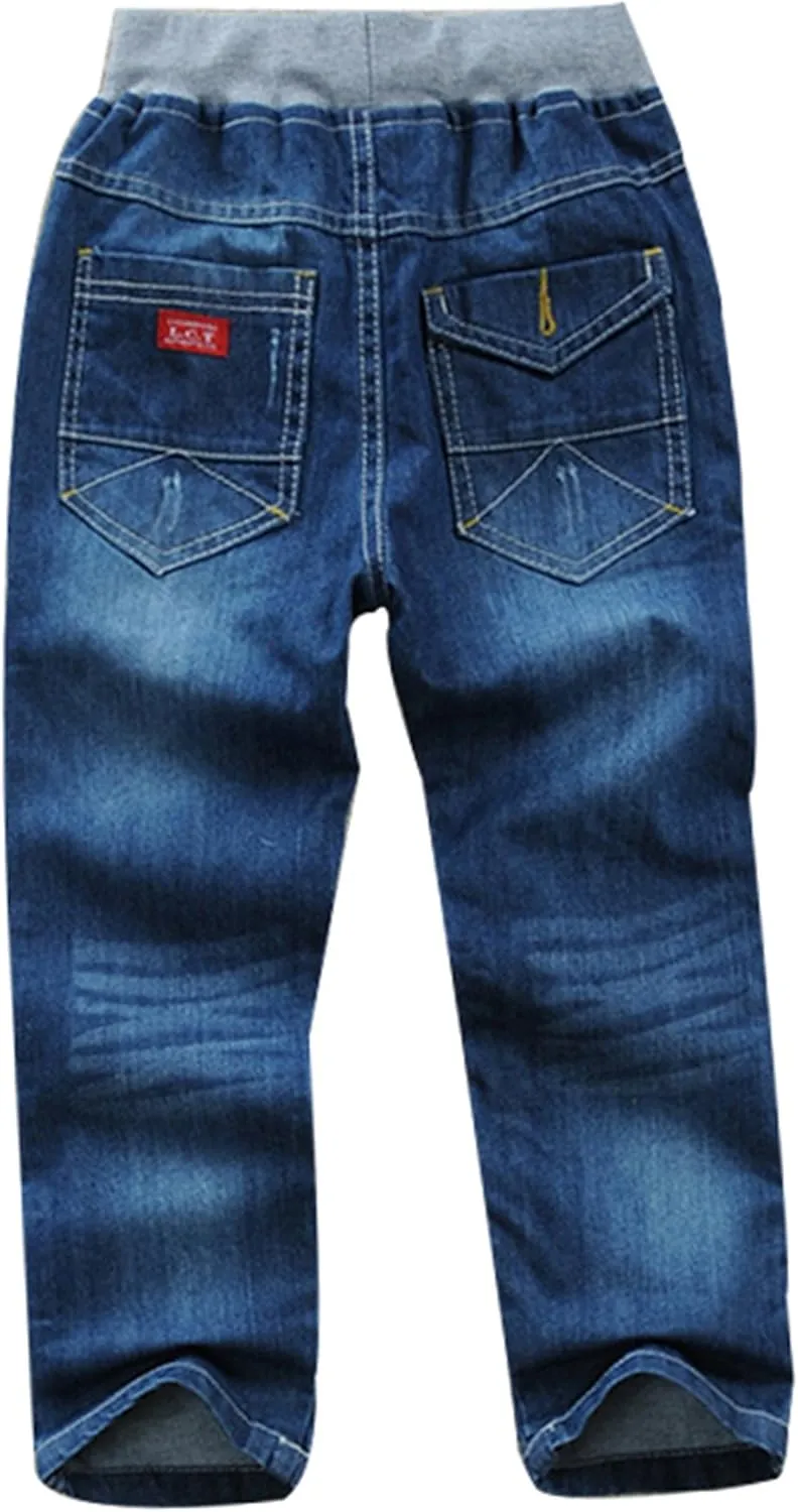 Toddler Kid Boy Elastic Mid Waist Washed Full Length Straight Pants Denim Jeans