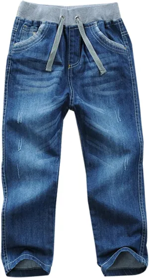 Toddler Kid Boy Elastic Mid Waist Washed Full Length Straight Pants Denim Jeans