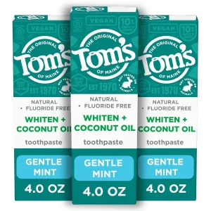 Tom's of Maine Whiten Plus Coconut Oil Fluoride Free Toothpaste, Natural Whitening Toothpaste with Plant-Based Cleansers, Whitens Without Causing Sensitivity, Gentle Mint, 4.0 Oz (Pack of 3)