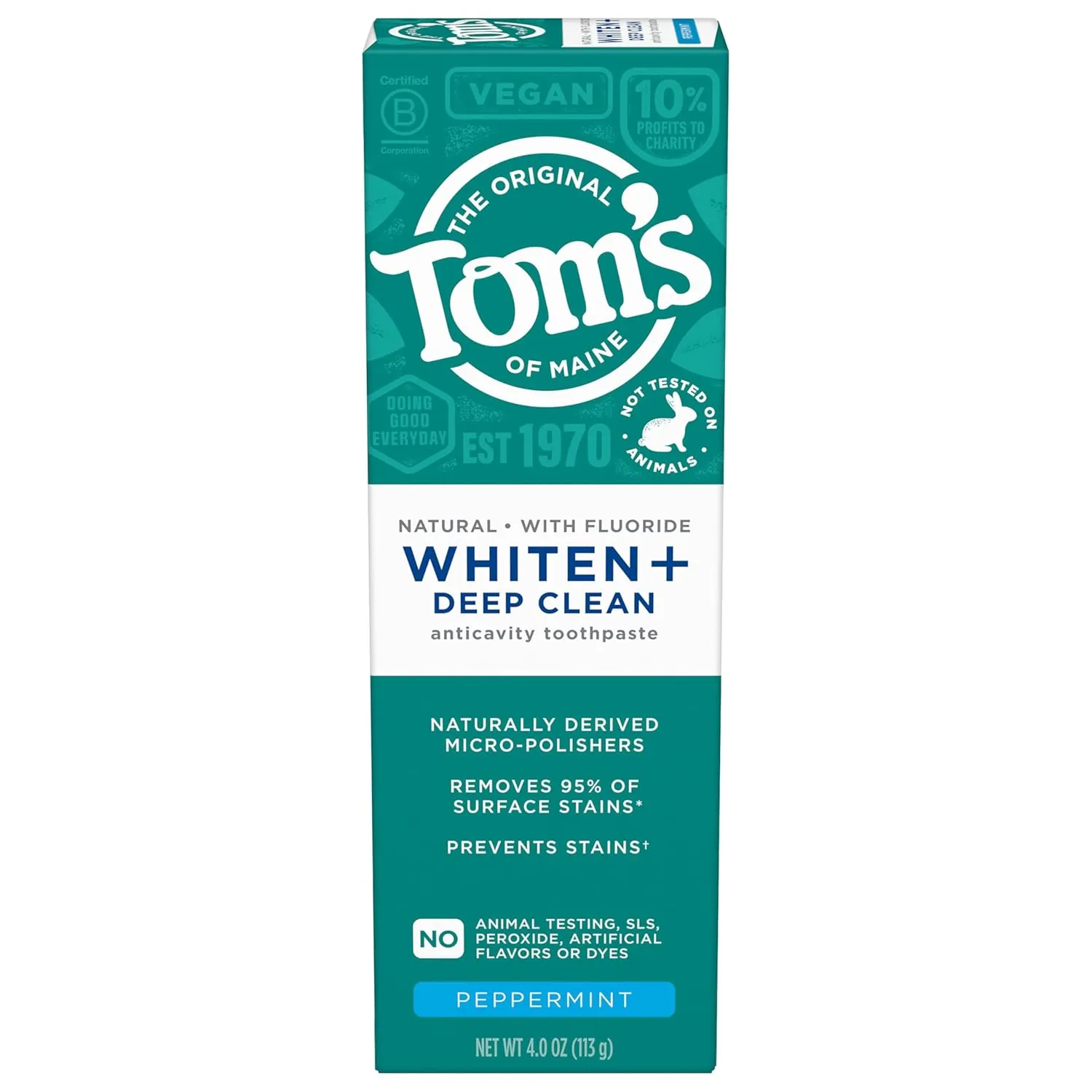 Tom's of Maine Whiten Plus Deep Clean Whitening Toothpaste, Natural Whitening Toothpaste with Plant-Based Cleansers, Enamel Safe, Whitens Without Causing Sensitivity, Peppermint, 4.0 oz (Pack of 3)