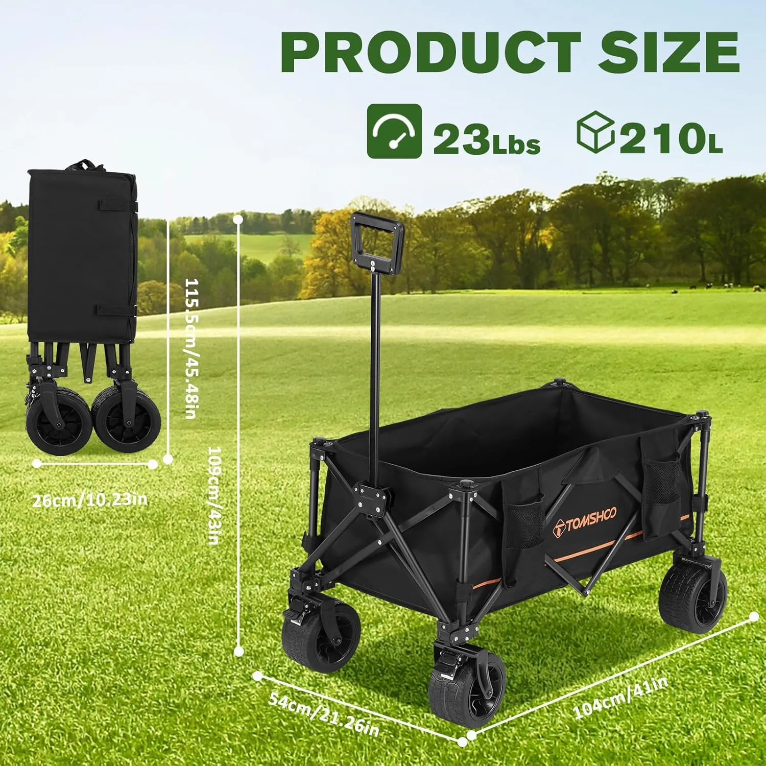 TOMSHOO Wagon, Collapsible Folding Wagon 330lbs Load 7''*4'' Big Universal Wheels Wagons Carts Foldable with Cup Holders, Side Pocket and Brakes for Camping, Garden, Sports, Beach, Shopping, Black