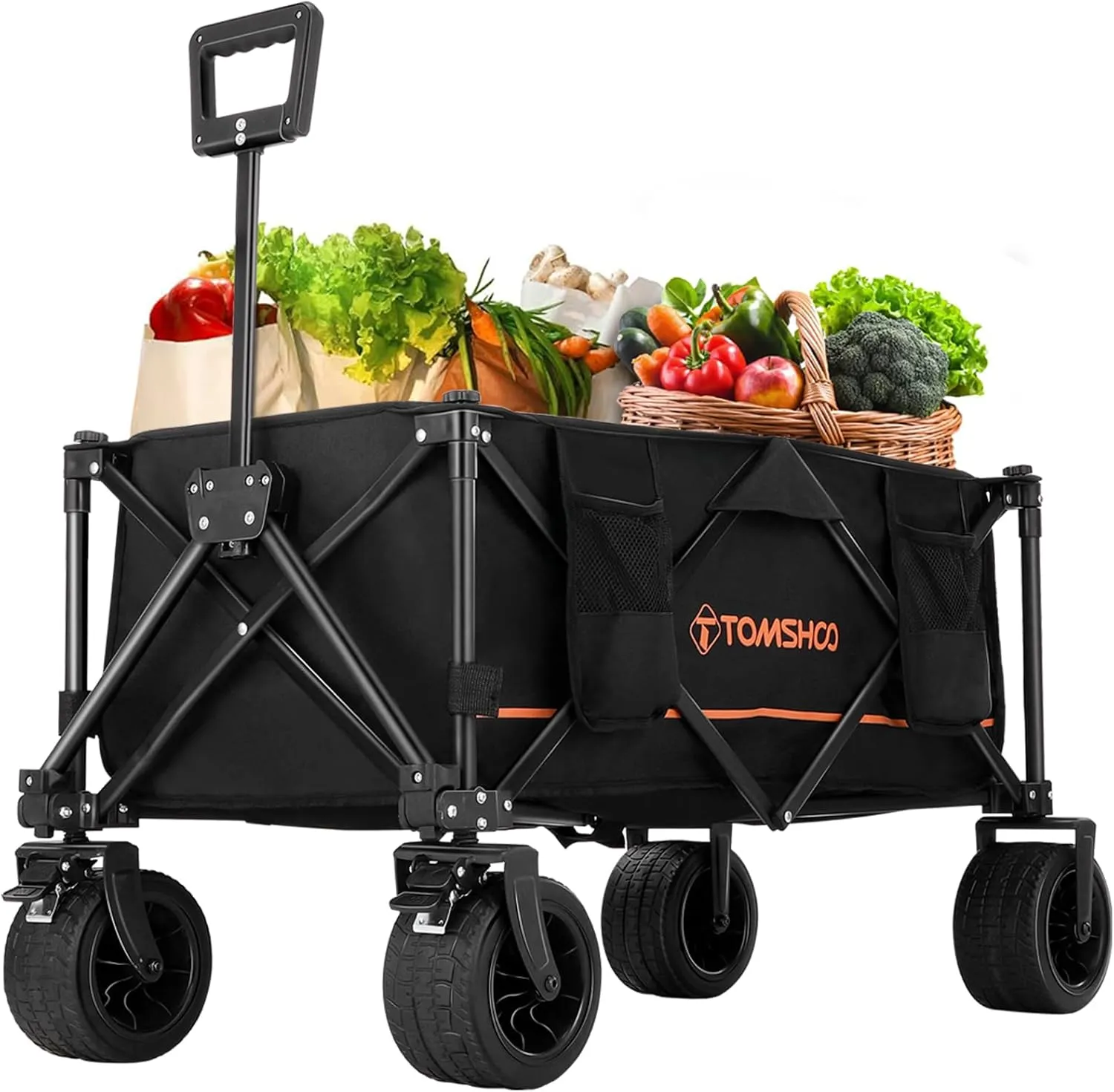TOMSHOO Wagon, Collapsible Folding Wagon 330lbs Load 7''*4'' Big Universal Wheels Wagons Carts Foldable with Cup Holders, Side Pocket and Brakes for Camping, Garden, Sports, Beach, Shopping, Black