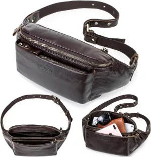 Top Grain Genuine Leather Slim Fanny Pack for Man & Woman, Vintage Design & 4 Zipper Pockets & Adjustable Strap, Handmade, Large Capacity Waist Pack Crossbody Belt Bag for Daily/Travel, Dark Coffee