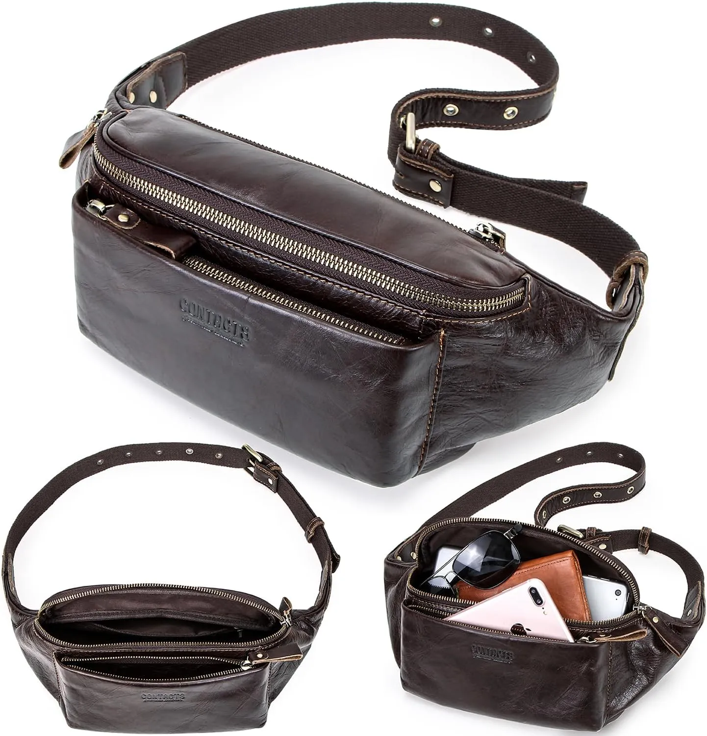 Top Grain Genuine Leather Slim Fanny Pack for Man & Woman, Vintage Design & 4 Zipper Pockets & Adjustable Strap, Handmade, Large Capacity Waist Pack Crossbody Belt Bag for Daily/Travel, Dark Coffee