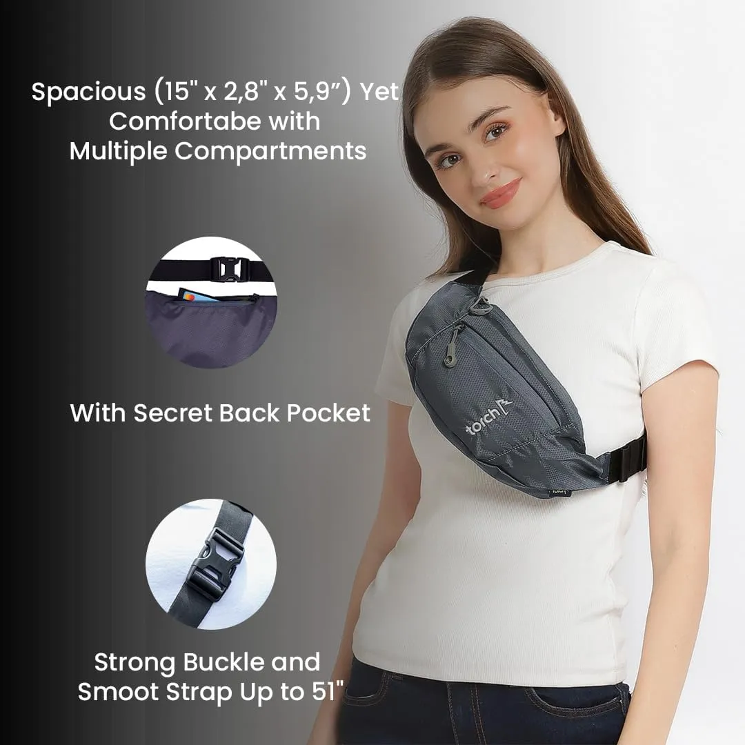 TORCH Fanny Pack for Men Crossbody - Waist Bag for Women with Compass Survival & Secret Pocket, Shoulder Bag Men Women for Travelling, Workout, Running, Outdoor - Hamura (Grey)