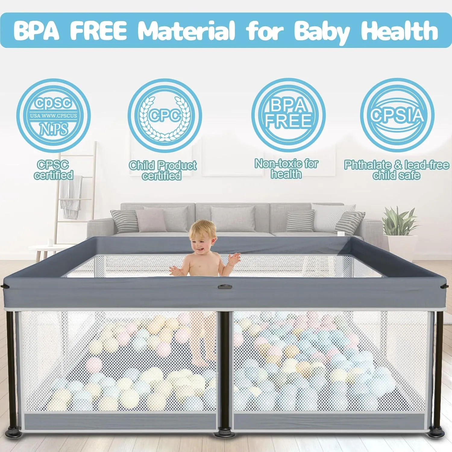 TOREVSIOR Foldable Baby Playpen with Mat, 50"×50" Collapsible Play Pen for Babies and Toddlers, Indoor & Outdoor Kids Safety Play Pen, Portable Play Yard, Foldable Baby Playpen with 50 Ocean Balls