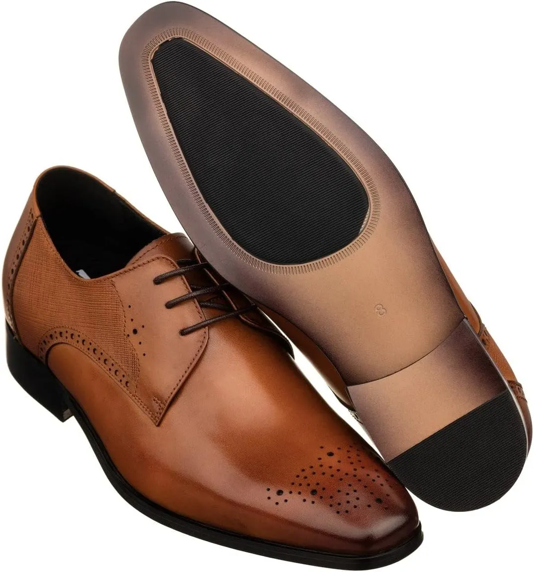 TOTO Men's Invisible Height Increasing Elevator Shoes - Brown Premium Leather Lace-up Formal Dress Oxfords- 2.2 Inches Taller - Y6512 - Size 7.5 D(M) US