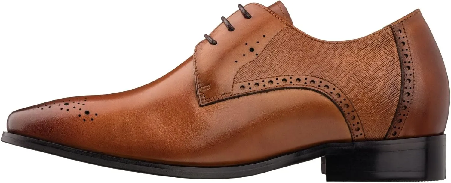 TOTO Men's Invisible Height Increasing Elevator Shoes - Brown Premium Leather Lace-up Formal Dress Oxfords- 2.2 Inches Taller - Y6512 - Size 7.5 D(M) US