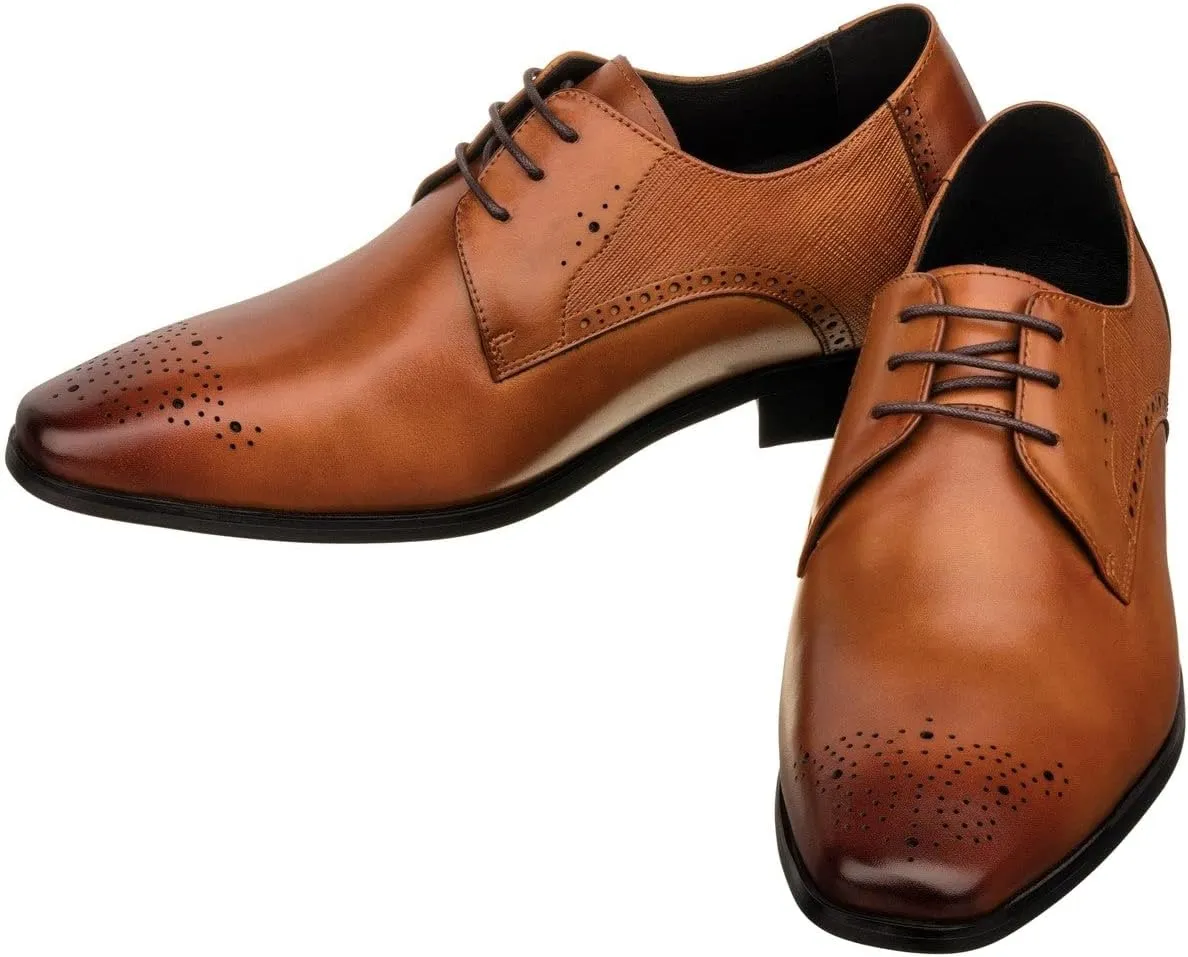 TOTO Men's Invisible Height Increasing Elevator Shoes - Brown Premium Leather Lace-up Formal Dress Oxfords- 2.2 Inches Taller - Y6512 - Size 7.5 D(M) US