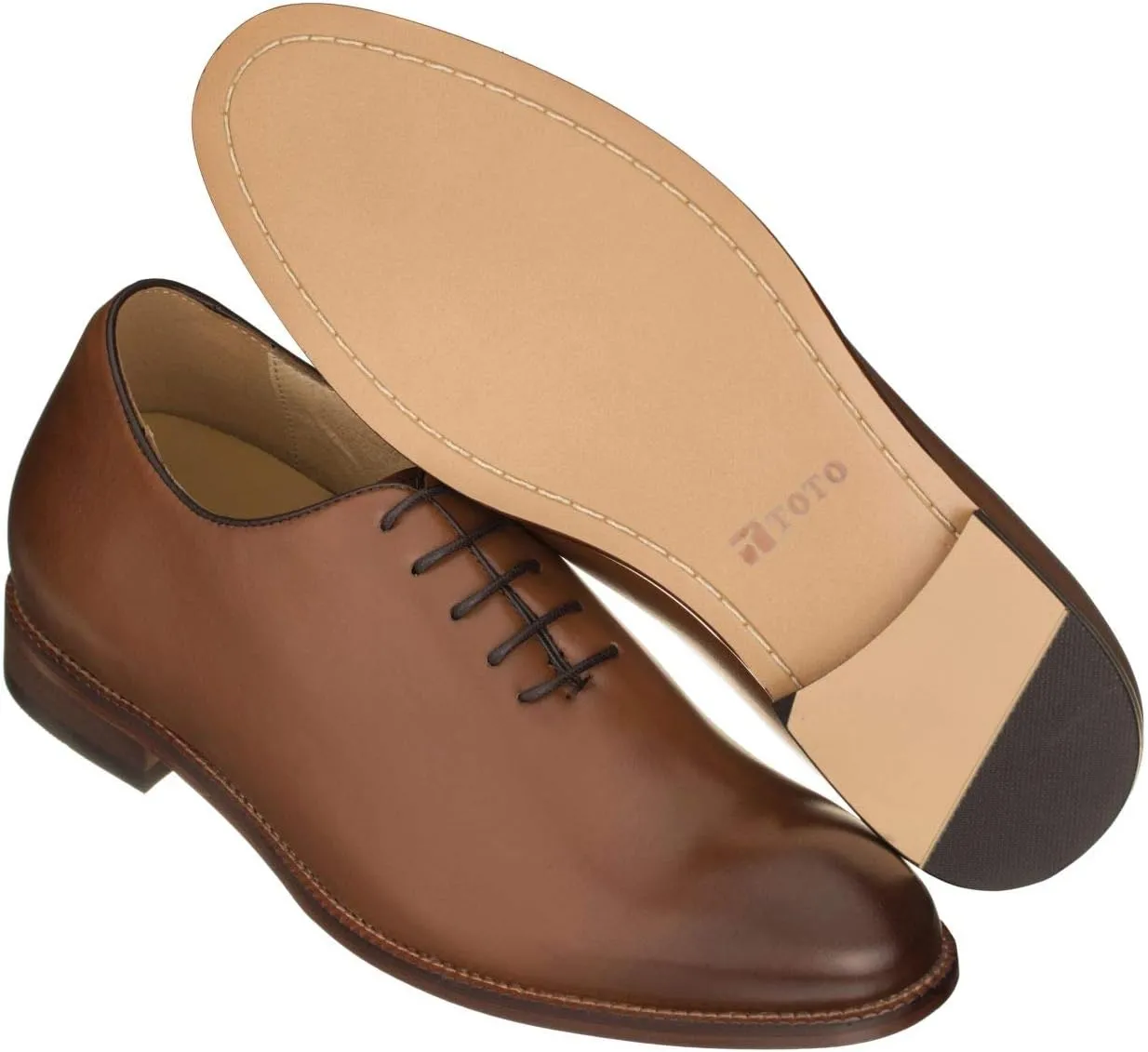 TOTO Men's Invisible Height Increasing Elevator Shoes - Brown Premium Leather Lace-up Formal Oxfords - 2.6 Inches Taller - S3002 - Size 7.5 D(M) US