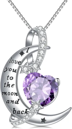 TOUPOP I Love You to The Moon and Back Necklace Sterling Silver Heart Birthstone Necklace Birthday Jewelry Gifts for Women