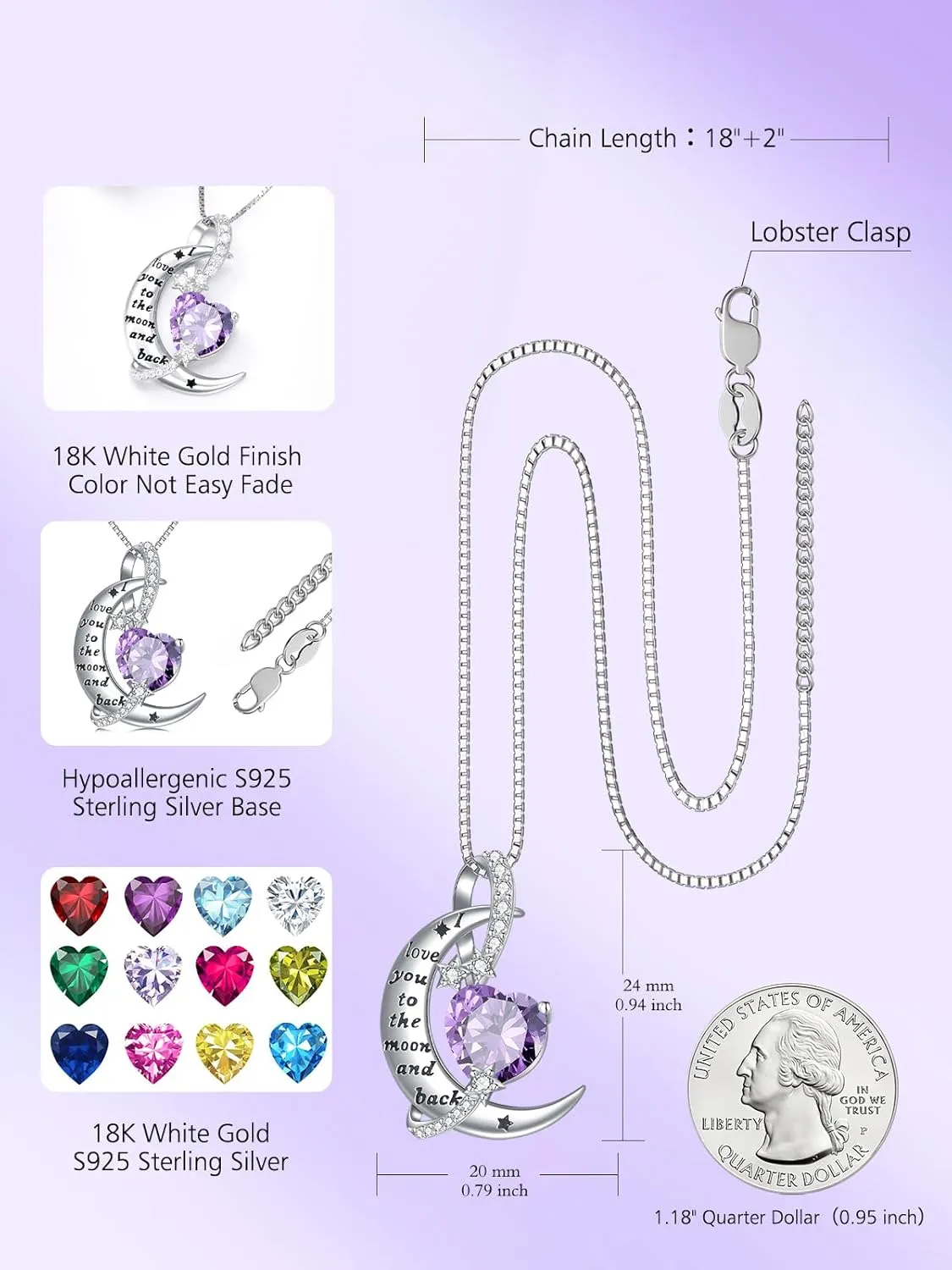 TOUPOP I Love You to The Moon and Back Necklace Sterling Silver Heart Birthstone Necklace Birthday Jewelry Gifts for Women