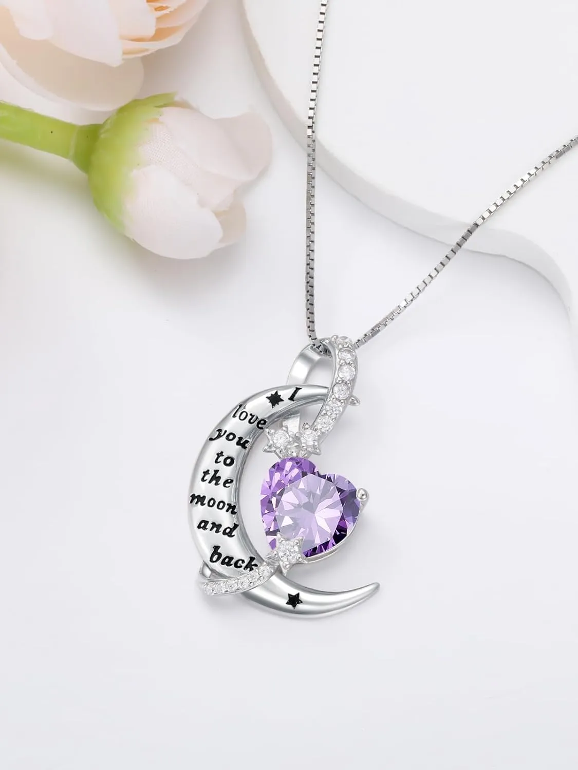 TOUPOP I Love You to The Moon and Back Necklace Sterling Silver Heart Birthstone Necklace Birthday Jewelry Gifts for Women