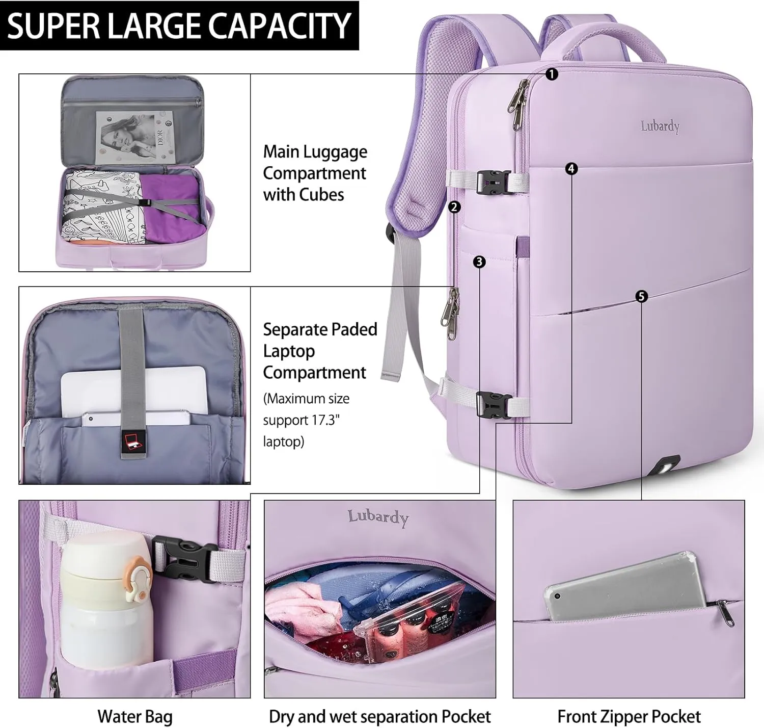 Travel Backpack for Men Women 17 Inch Flight Approved Carry on Backpack Waterproof Large 40L Luggage Daypack Business College Weekender Overnight Laptop Backpack with 3 Packing Cubes, Purple