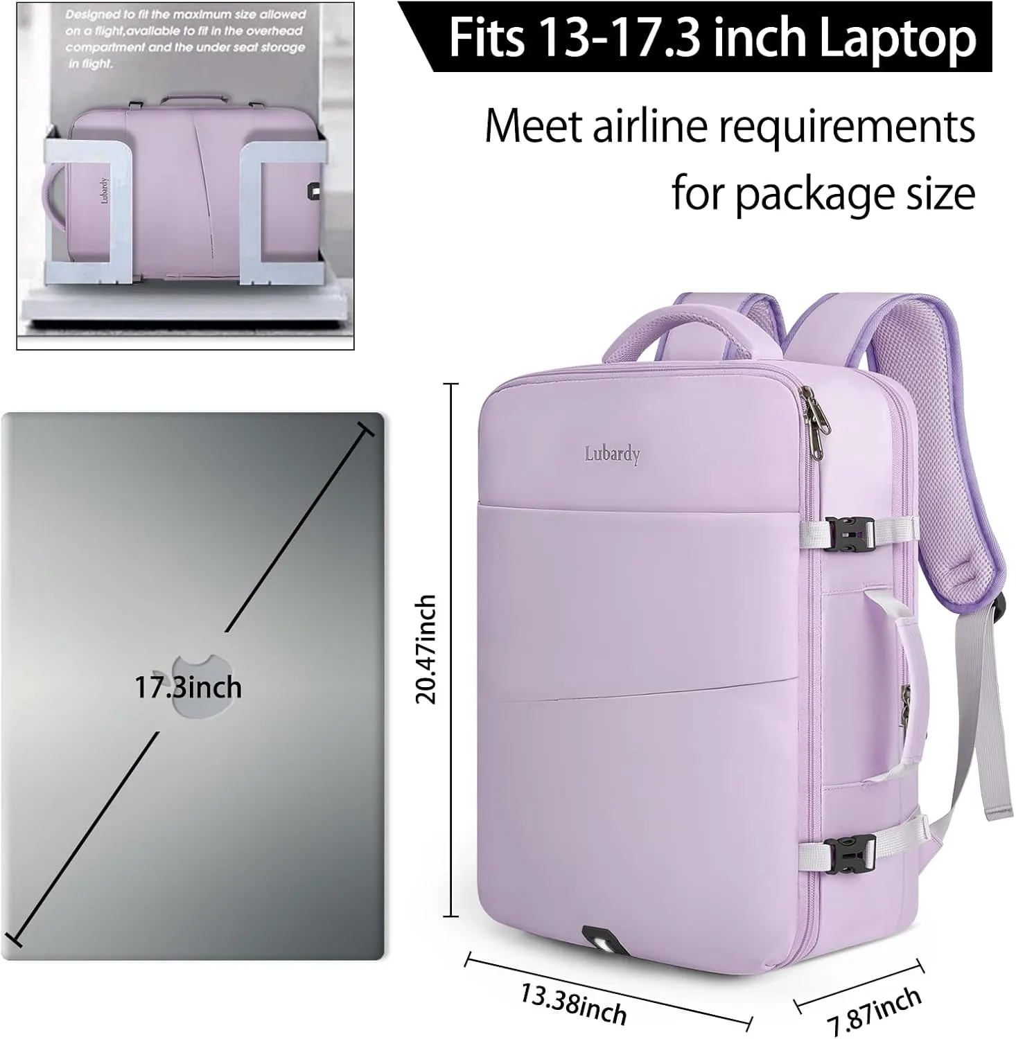 Travel Backpack for Men Women 17 Inch Flight Approved Carry on Backpack Waterproof Large 40L Luggage Daypack Business College Weekender Overnight Laptop Backpack with 3 Packing Cubes, Purple
