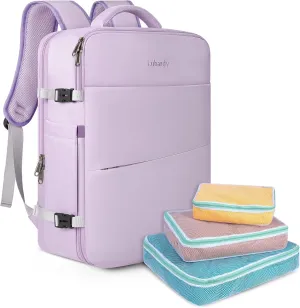 Travel Backpack for Men Women 17 Inch Flight Approved Carry on Backpack Waterproof Large 40L Luggage Daypack Business College Weekender Overnight Laptop Backpack with 3 Packing Cubes, Purple
