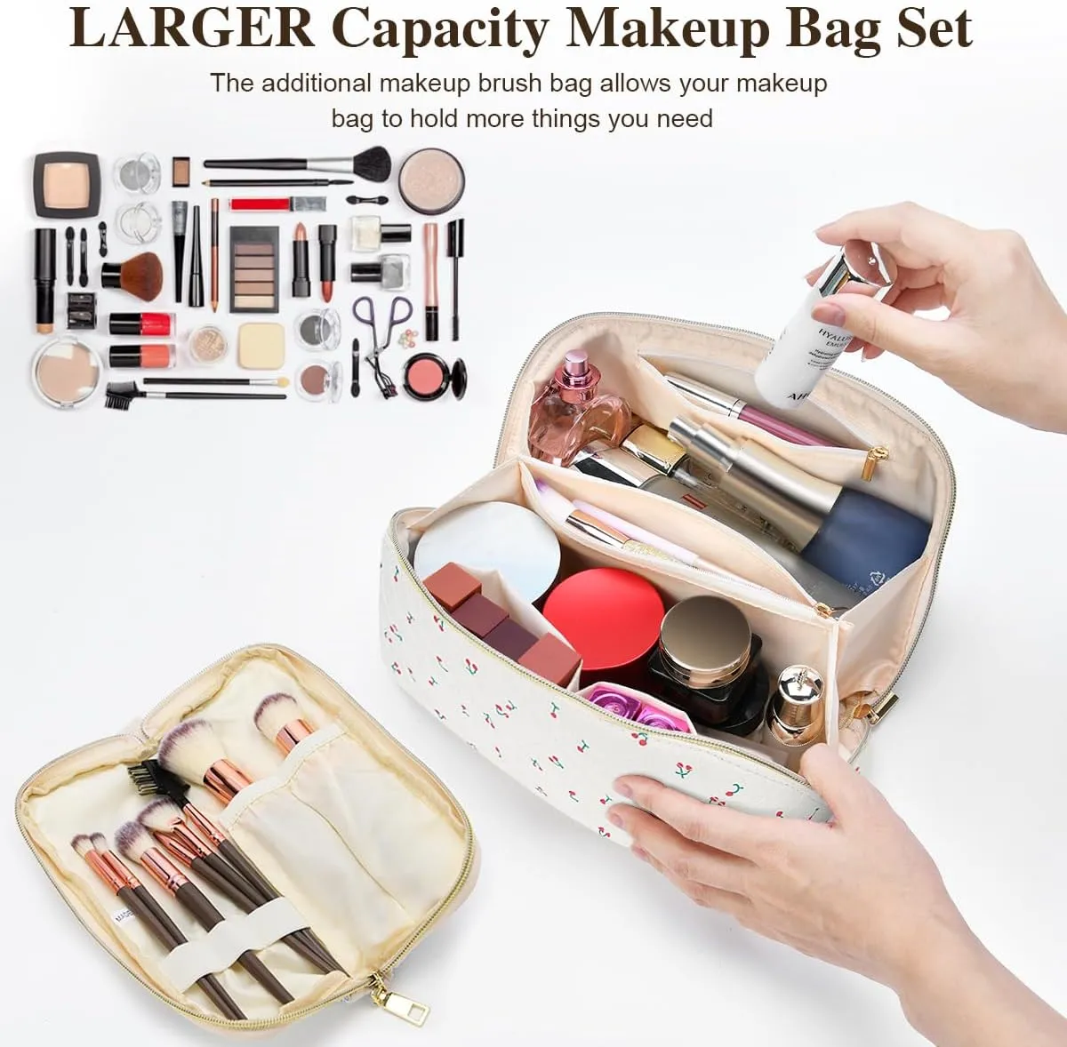 Travel Makeup Bag Set, 2Pcs Large Capacity Travel Make up Bag Corduroy Cosmetic Bag for Girls, Leopard Cute Travel Toiletry Bag for Women Wide Open Portable Cotton Stuff Bag with Divider & Handle