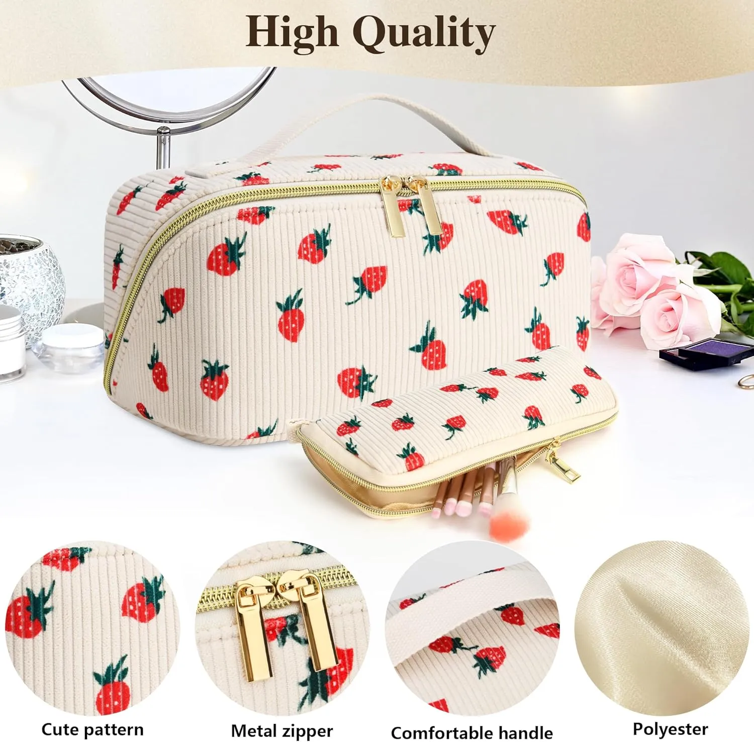 Travel Makeup Bag Set, 2Pcs Large Capacity Travel Make up Bag Corduroy Cosmetic Bag for Girls, Leopard Cute Travel Toiletry Bag for Women Wide Open Portable Cotton Stuff Bag with Divider & Handle