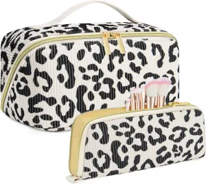 Travel Makeup Bag Set, 2Pcs Large Capacity Travel Make up Bag Corduroy Cosmetic Bag for Girls, Leopard Cute Travel Toiletry Bag for Women Wide Open Portable Cotton Stuff Bag with Divider & Handle