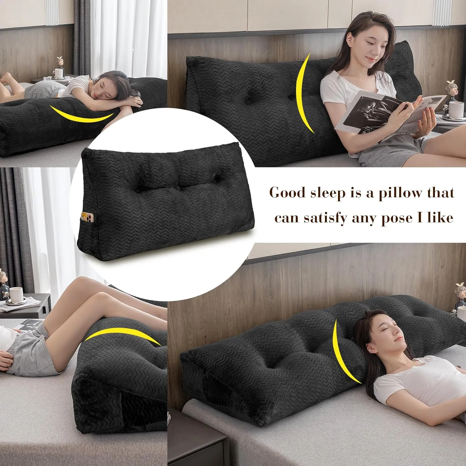 Triangular Headboard Pillow, Twin Size Backrest Wedge Pillow for Headboard Cushion, Removable Cover Bed Rest Positioning Support Couch Bolster Pillow with Pocket for Daybed Reading(Black)