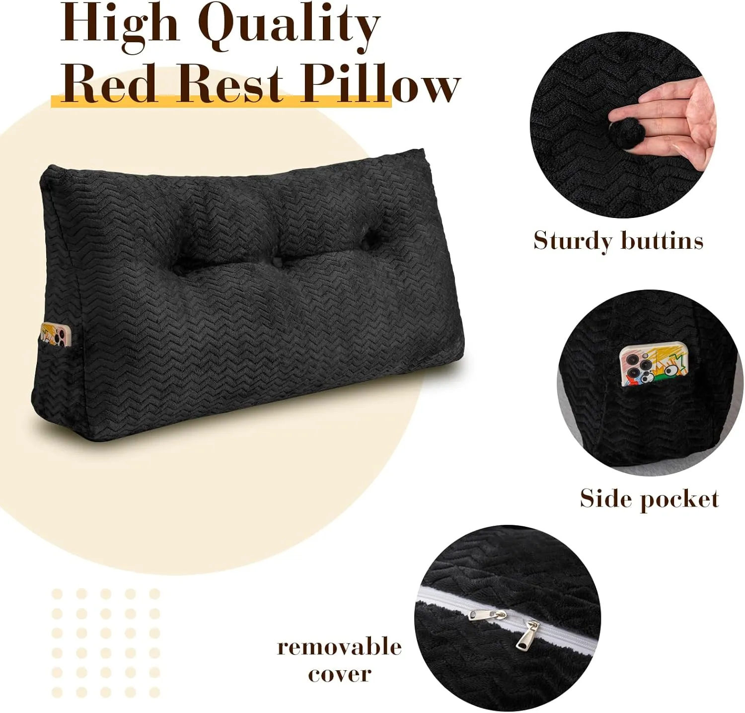 Triangular Headboard Pillow, Twin Size Backrest Wedge Pillow for Headboard Cushion, Removable Cover Bed Rest Positioning Support Couch Bolster Pillow with Pocket for Daybed Reading(Black)
