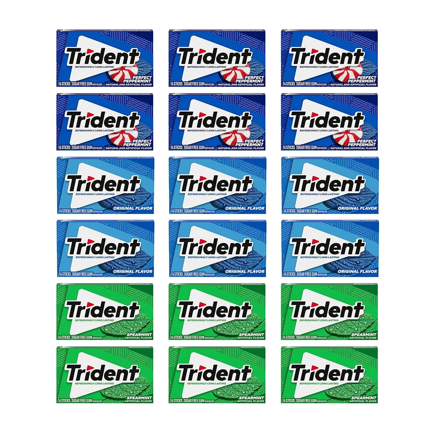 Trident Sugar Free Gum Variety Pack, Spearmint, Perfect Peppermint & Original Flavors, 18 Packs of 14 Pieces (252 Total Pieces)