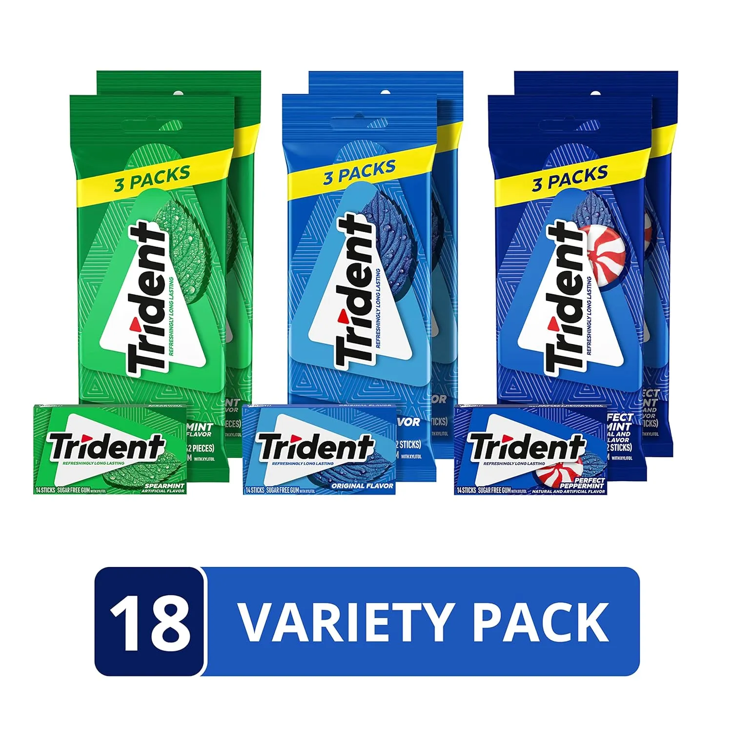 Trident Sugar Free Gum Variety Pack, Spearmint, Perfect Peppermint & Original Flavors, 18 Packs of 14 Pieces (252 Total Pieces)